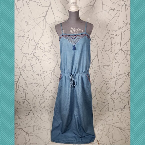 Promod Blue Chambray Beaded Strappy Maxi Dress w/ Pockets - Picture 1 of 9